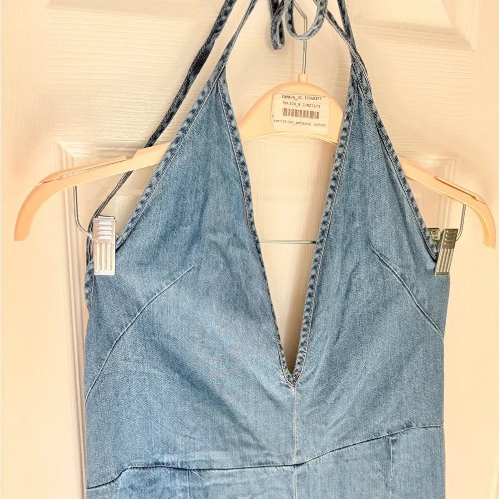 Free People Light Blue Denim Halter Jumpsuit